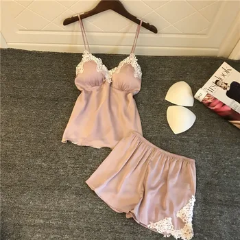 

Spaghetti Strap Lace Sexy Underwear Mini Women's Homewear Satin Pajama Set Lace Pijamas Backless Cute Nightwear Mujer Sleepwear