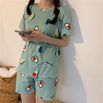 

Women Home Clothes Sweet Avocado Sleepwear Casual Cute Korean Sleep Tops+Shorts Plus Size Pyjama Femme Pullover Pijama S420