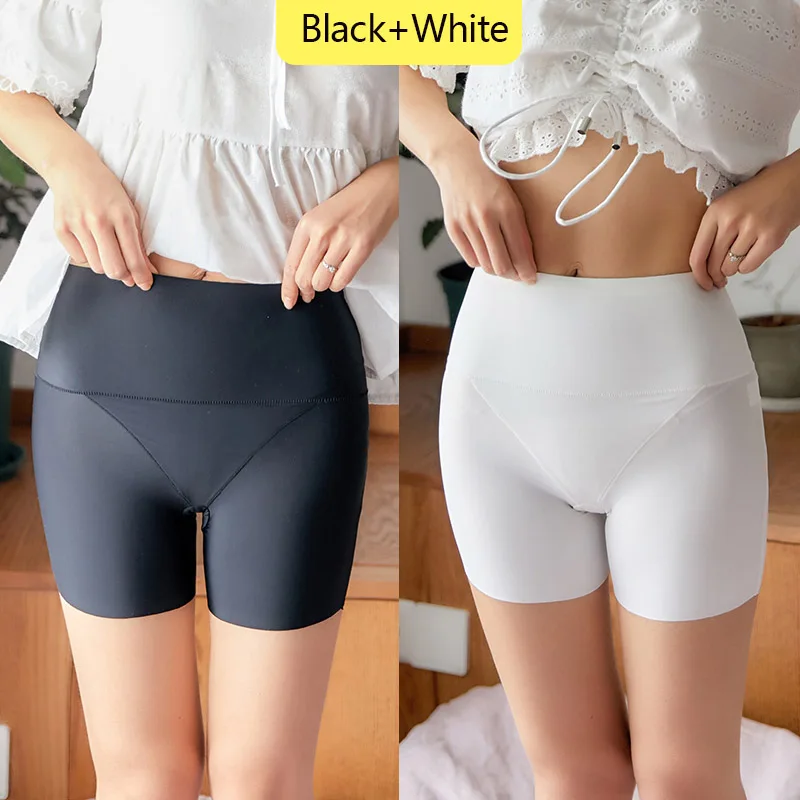 Black White 2 шт./лот, женские шорты безопасности штаны, бесшовные нейлоновые трусики с высокой талией, пустые шорты для мальчиков, боксеры, шелковое нижнее белье - Цвет: Black White