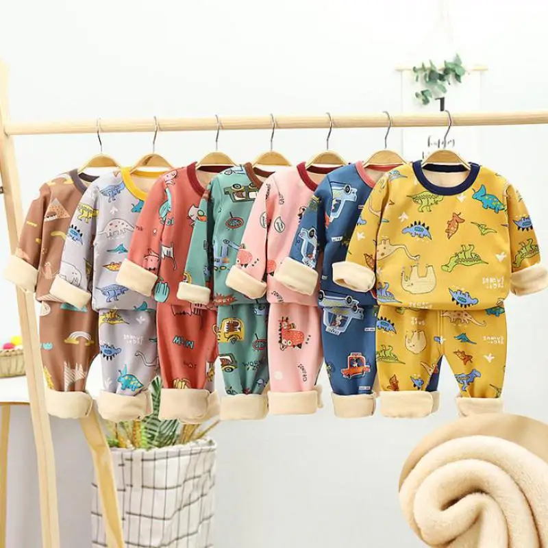 Pajamas Clothing-Sets Girls Sleepwear Thermal-Underwear Dinosaur Fleece Thicken Baby