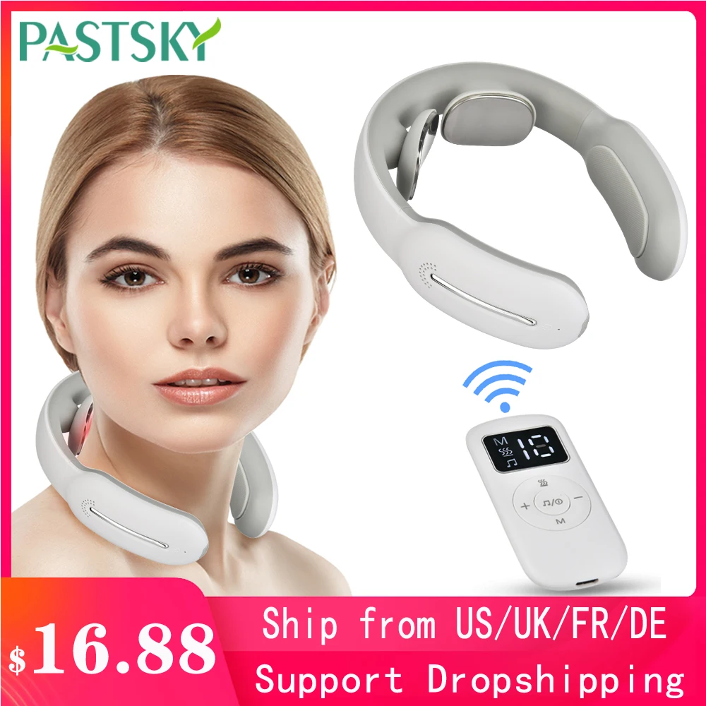 Electric Smart Neck Shoulder Massager EMS/TENS Therapy Heating Hot Compress USB Charging Cervical Stimulator Remote Control