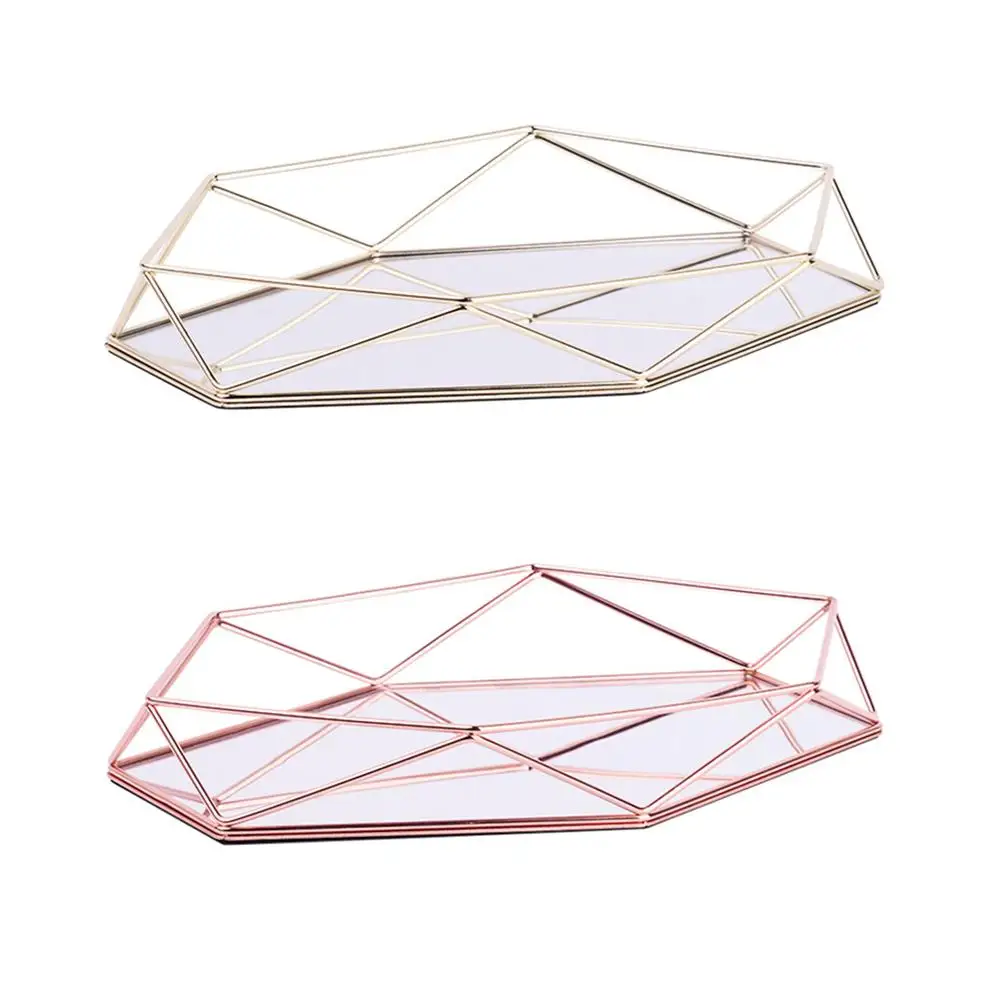 

Three-dimensional Wrought Iron Storage Tray Nordic Minimalist Rose Gold Mirror Bottom Hexagonal Tray Home Decoration
