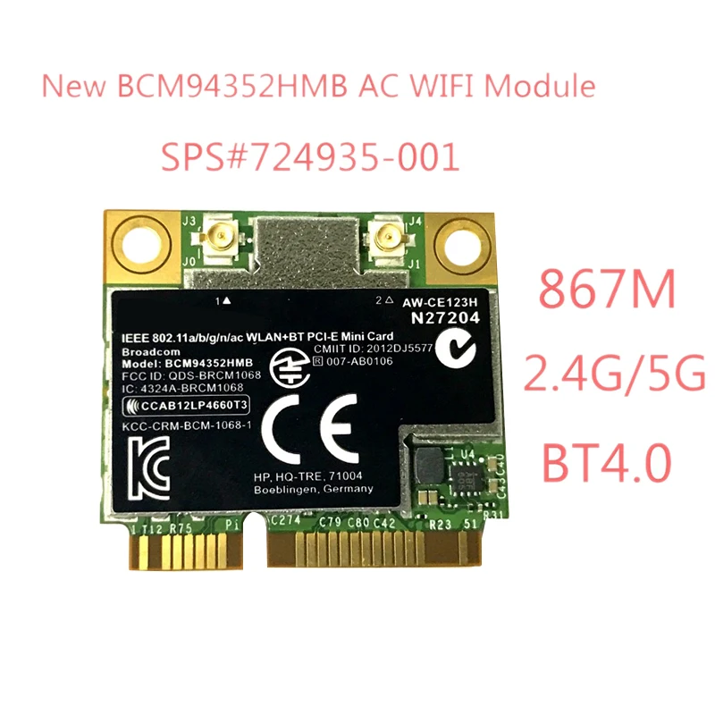 BCM4352 BCM94352HMB Половина мини PCIe pci-экспресс беспроводная wifi WLAN BT Bluetooth карта 802.11AC 867 МГц для 724935-001