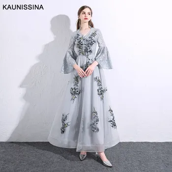 

KAUNISSINA High Quality Evening Dress Embroidery Prom Dresses A-Line V-Neck 3/4 Flare Sleeve Long Celebrity Evening Vestidos