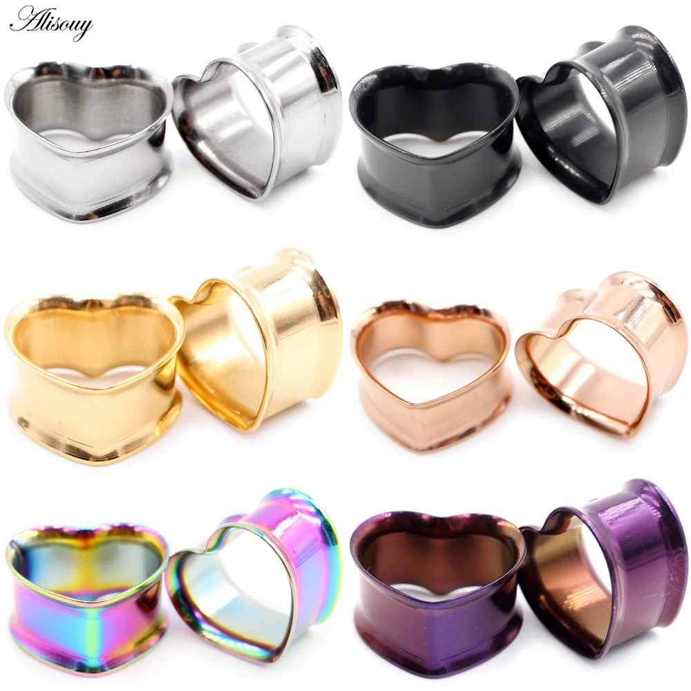 Alisouy 2pcs 8mm-30mm 316L Stainless Steel Love Heart Ear Tunnels Plugs Expander Stretcher Gauges Earrings Body Piercing Jewelry