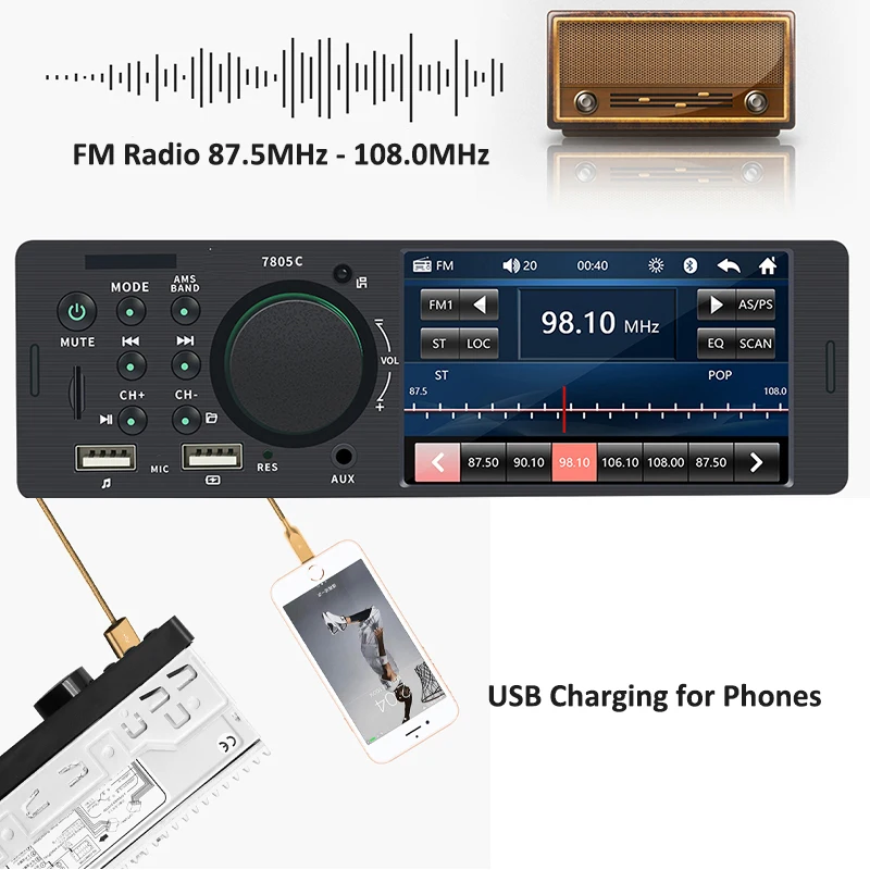 4," Автомагнитола 1 Din с сенсорным экраном MP5 видеоплеер Dual USB TF Bluetooth Handsfree 7 цветов Освещение головного устройства ISO PHYEE 7805C