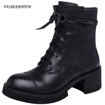 

New Star The Same Injured Military Boots Genuine Leather British Ankle Motorcycle Boots Round Toe Black Thick Heel Shoes Women