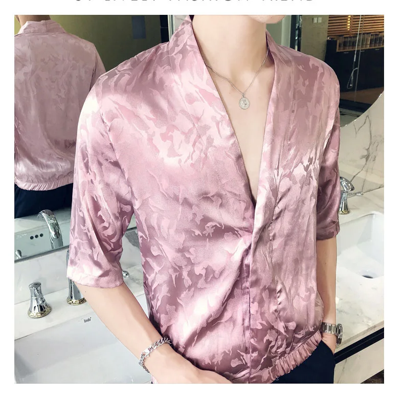 Pink Silk Men's Shirt - Luxury Slim Fit Camisa Social with Satin Black - Japanese Summer Fashion for Men image 6
