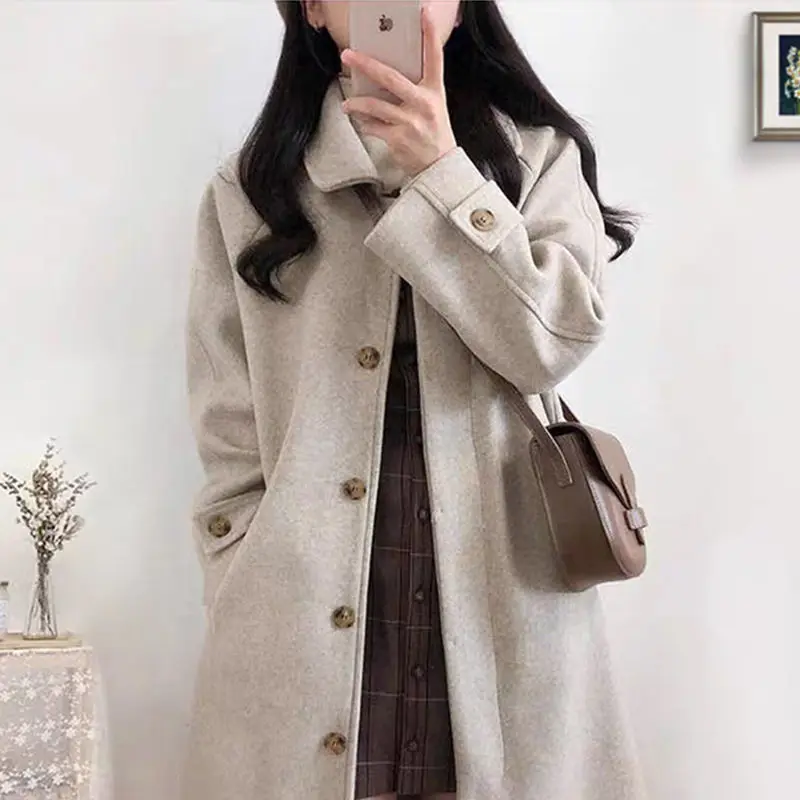 

Winter Woolen Coat Women Hepburn Style Medium Long New Year New Style Autumn and Winter Thickened Soft and Versatile Woolen Coat