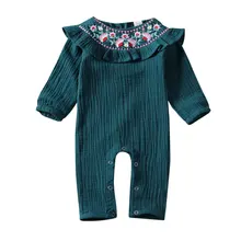 Barboteuse en coton à col rond et manches longues pour bébés filles, combinaison 1 pièce, imprimé de fleurs brodées, à volants, livraison directe