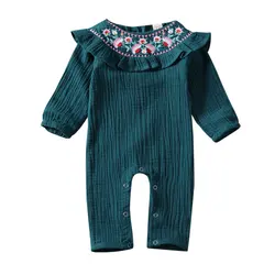 Dropshipping Baby Girls Clothes Flower Embroidery print Ruffle cotton Rompers round neck long sleeve Toddlers Jumpsuits 1 Pieces