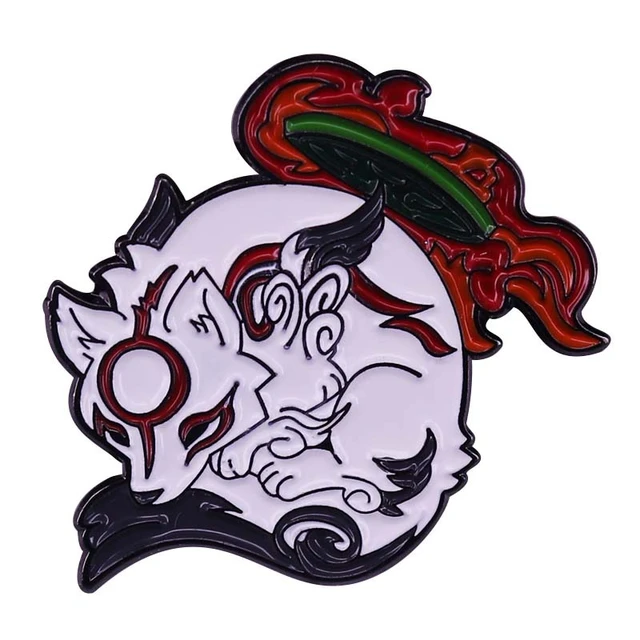 Okami amaterasu esmalte botão emblema japonês mitologia sol deusa lobo  branco broche jogo de vídeo arte jóias