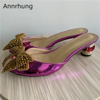 

Sexy Ruby Heel Runway Slippers Woman Diamond Crystal Butterfly-knot Bright Real Leather Open Toe Rhinestone Shoes Women
