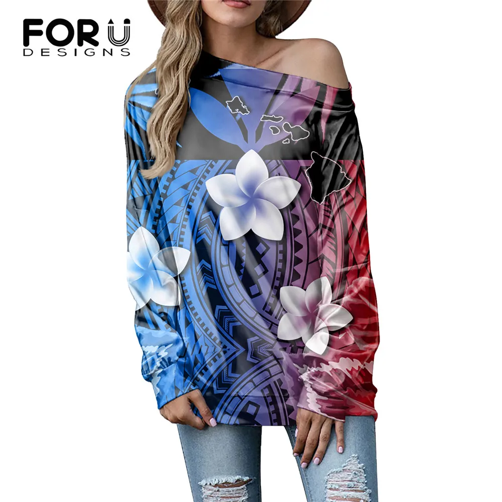 

FOURDEIGNS Gradient Hawaii Polynesian Plumeria Print Large Size Women Tops Tee Female Long Sleeves Off Shoulder Clothes Mujer