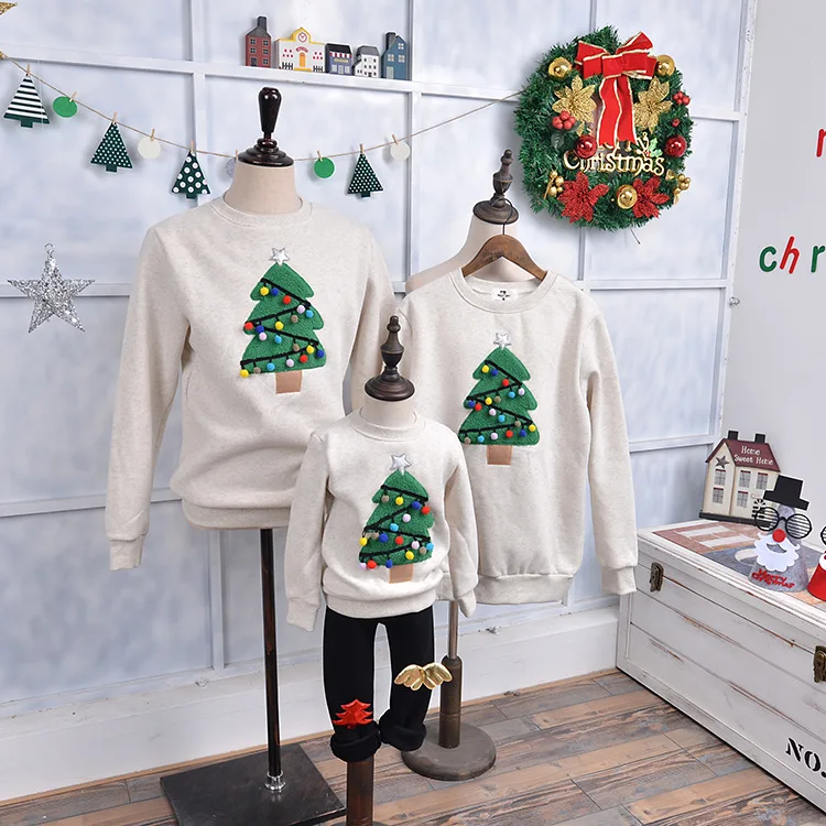 Christmas family couple parent-child sweater winter plus velvet round neck ball Christmas tree sweater class service custom - Color: Gray