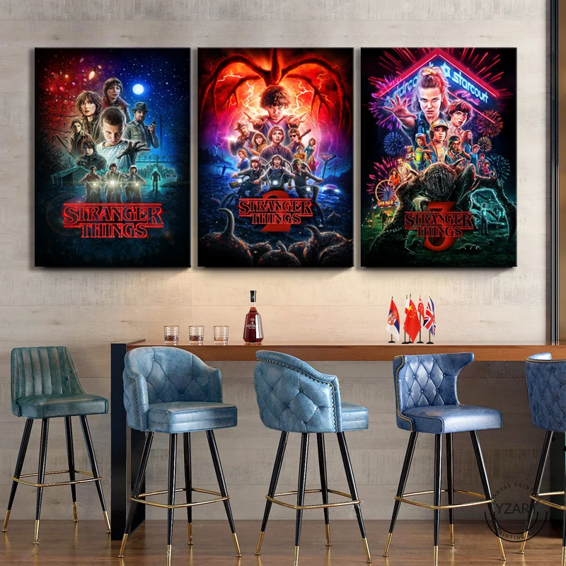 

3 Panels Cartoon Picture Horror Movie Poster STRANGER THINGS Picture Oil Painting Wall Art Home Decor Bedroom Decoration