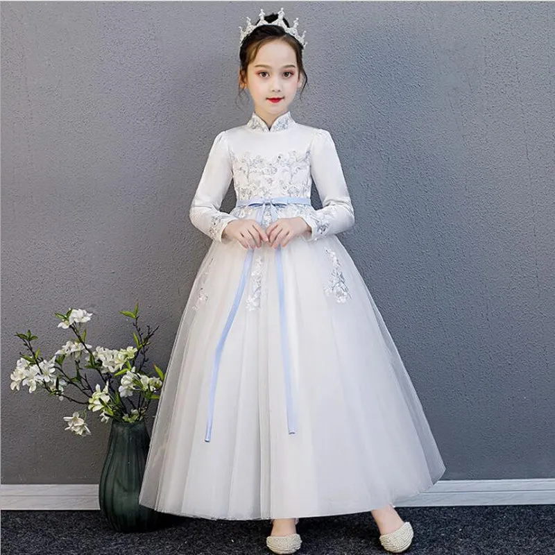 Платье принцессы с длинными рукавами; кружевное детское платье с цветочной вышивкой для девочек; праздничное платье для дня рождения; vestido infantil