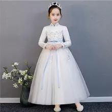 Платье принцессы с длинными рукавами; кружевное детское платье с цветочной вышивкой для девочек; праздничное платье для дня рождения; vestido infantil