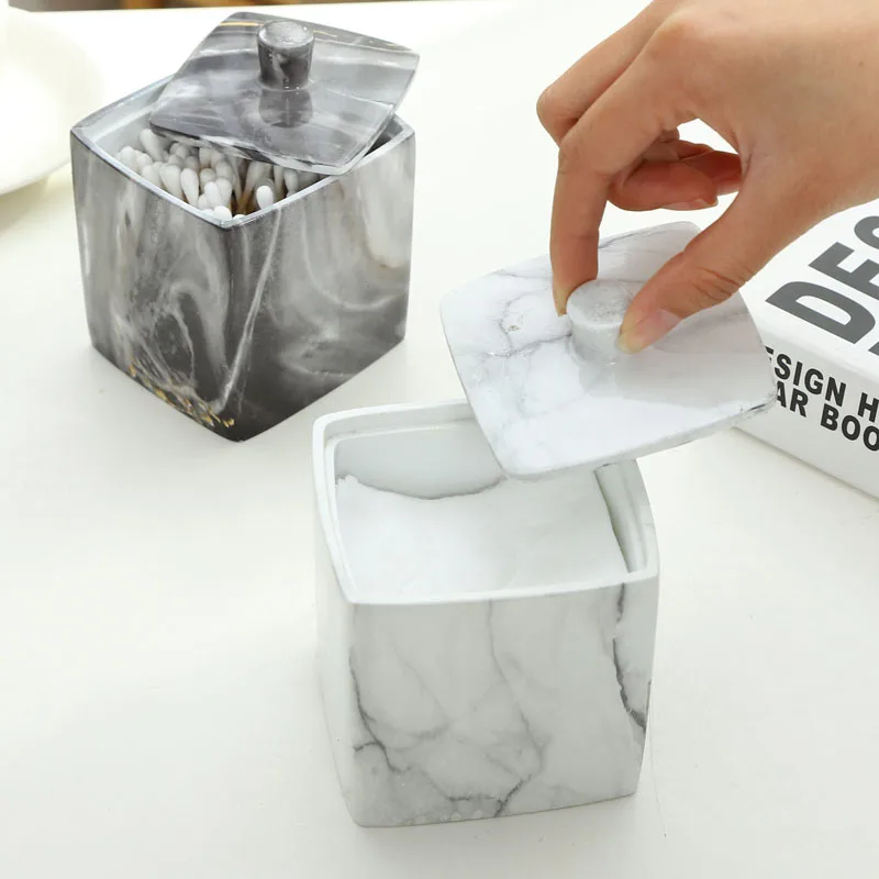 JINSERTA Marbled Storage Box Cotton Swab Organizer Resin Toothpick Holder Luxury Bathroom Cotton Pad Box with Lid for Decor