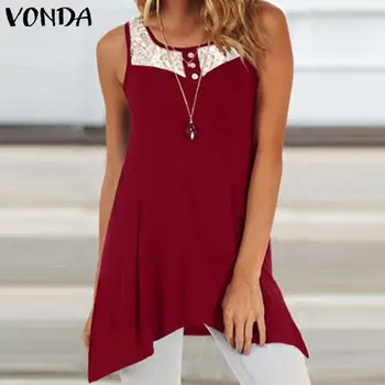 

VONDA 2020 Women Sexy Sleeveless O-Neck Blouses Loose Solid Lace Hollow Out Stitching Irregular Hem Shirts Casual Tank Tops
