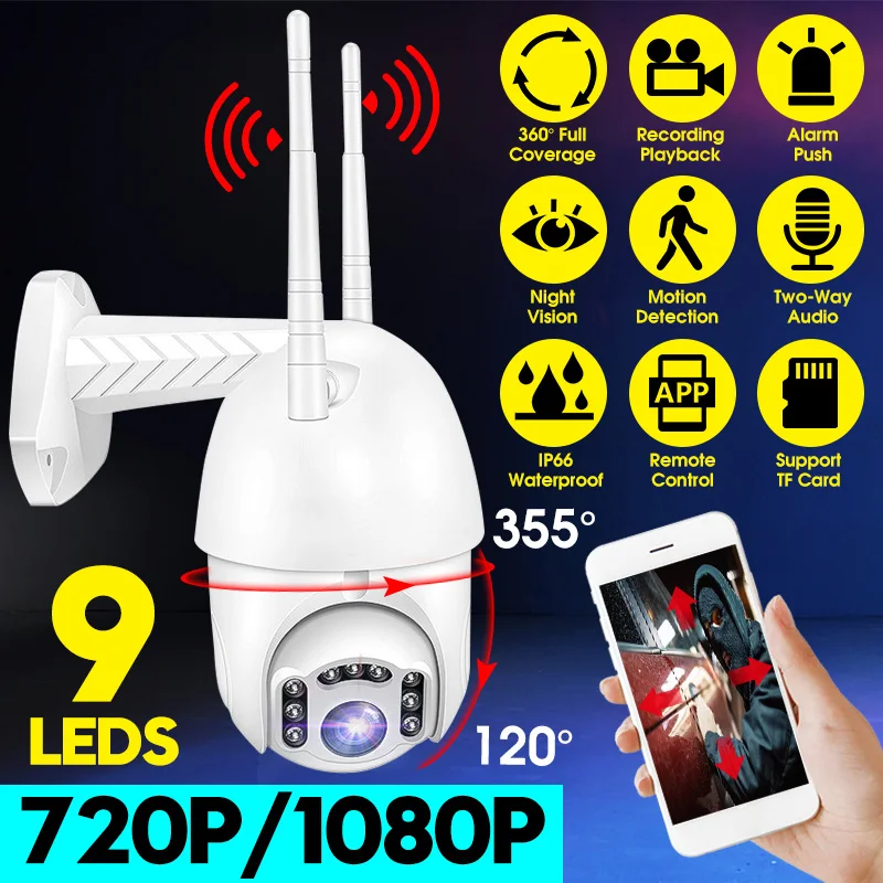 

9 LEDs 2MP HD 1080P Wifi IP Camera IP66 Speed Dome Smart Outdoor Camera Night Version Movement Detect Two-way Audio CCTV Monitor