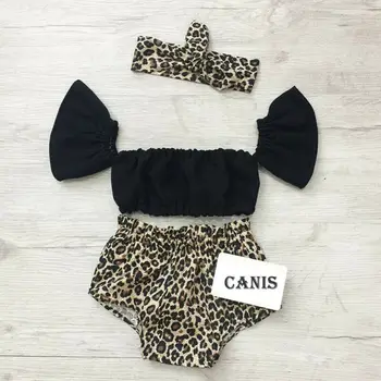 

Newborn Baby Girl Off Shoulder Lace Top Leopard Shorts Headdress Outfits 3Pcs Clothes Set