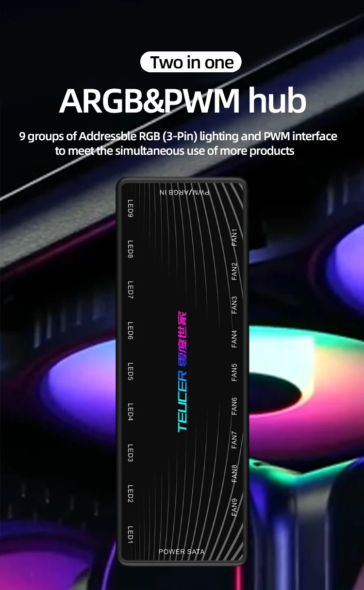 9-Port PWM & ARGB Fan Hub Splitter - 4 Pin PWM, 3 Pin Addressable RGB Adapter with SATA Interface for Desktop PC Description Image.This Product Can Be Found With The Tag Names Argb fan hub splitter, Fan hub 3 pin argb, Fan hub pwm splitter, Fan hub splitter rgb, Hub pwm 4 pin rgb