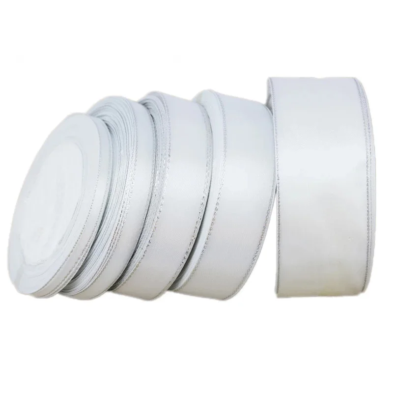 Satin Ribbon 25 Yards/roll White Silver Edge for Home Decoration DIY Christmas