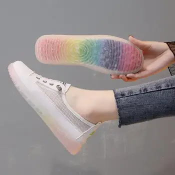 

CINESSD Mesh Slip On White Shoes Woman Sneakers 2020 New Rainbow Flat Summer Women's Shoes Fashion Soft Casual Sneakers Women 40