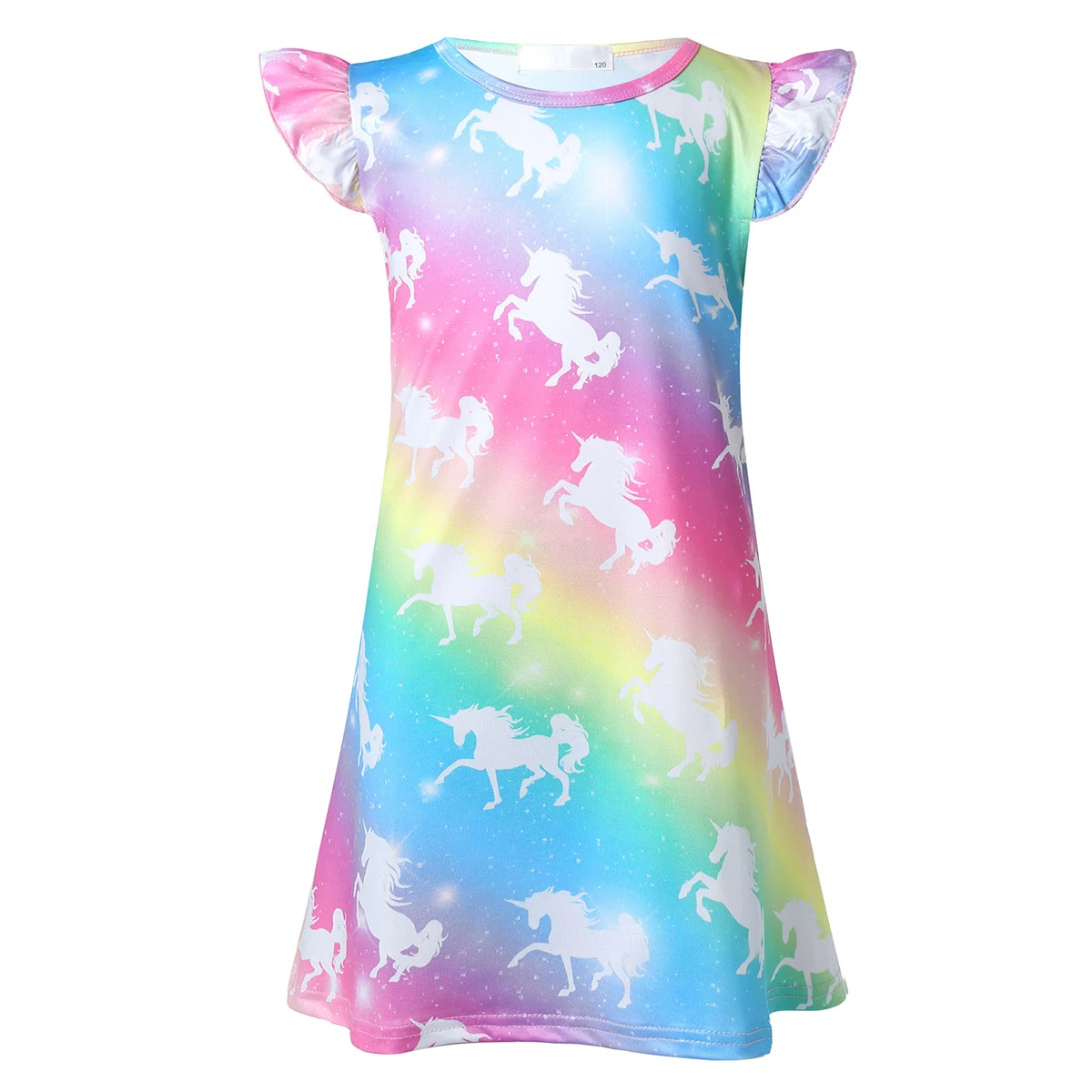 

Summer Kids Girls Dress Pajamas Casual Short Sleeve Rainbow Gradient Color Cartoon Horse Printed Dress Sleep Princess Nightgown