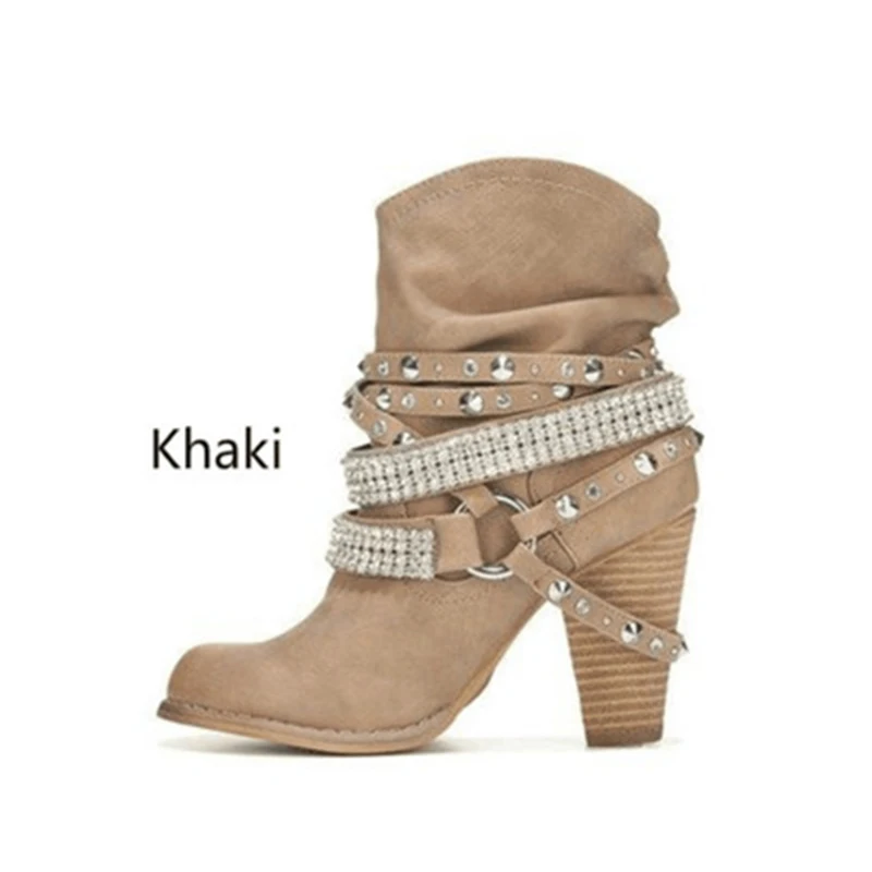 Botas vaqueras de mujer para invierno, botas de caballero de tubo medio, 2020, cinturón romano retro para mujer, zapatos de cuero de tacón alto, botas vaqueras de pantorrilla ancha