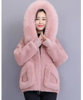 

Womens Shearling Fur Coat Hooded Winter Hot Jacket Warm Winter Outwear Plus Size S-3XL D035