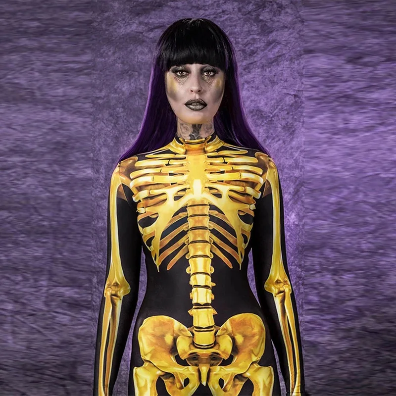 Human Skeleton Cosplay Romper Women Halloween One Piece Bodycon Jumpsuits 3D Halloween Skull Flowers Party Club Outfits Femme