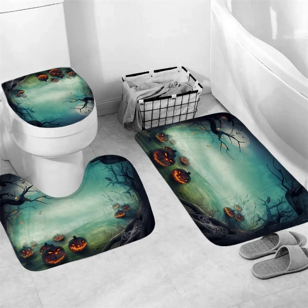 Happy Halloween Cover Mat Set Bathroom Shower Curtain Mat Set Bathroom Shower Curtain Waterproof Fabric Curtain Four-Piece