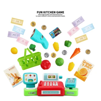 

Simulation Plastic Pretend Toy Supermarket LED Cash Register Toy With Fruits and Banknotes for Children's Gift
