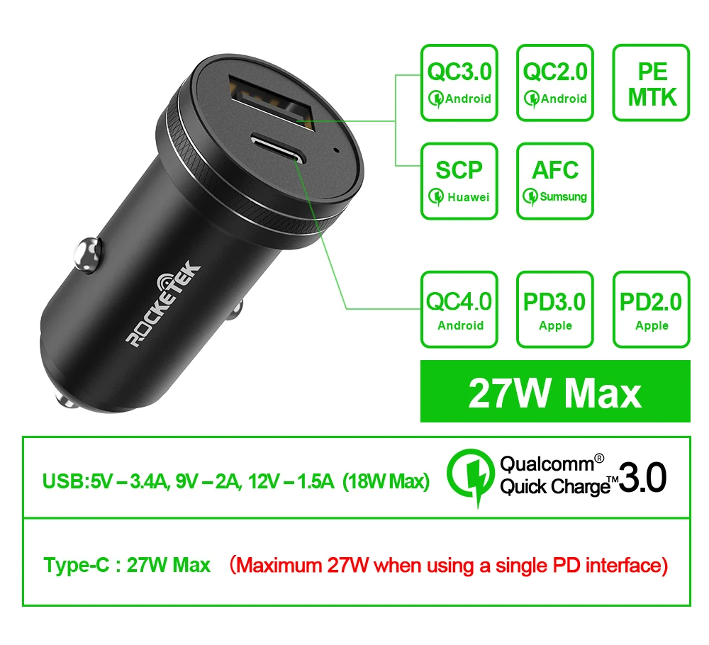 Rocketek USB Автомобильное зарядное устройство мобильный телефон Быстрая зарядка для iPhone 11 быстрая PD Xiaomi QC4.0 QC3.0 QC huawei P30 SCP FCP Sumsung AFC