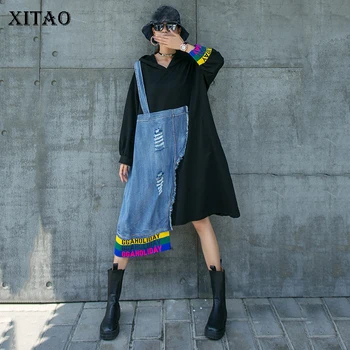 

XITAO Streetwear Woman Dress Loose Long Sleeve Denim Contrast Stitching Dresses Women Wild Trend Fashion Wild Autumn DZL1721