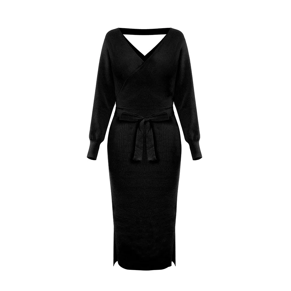 Серый свитер платья женские зимние с длинным рукавом Пояса Оболочка Bodycon платье миди Элегантный женский пуловер платье v-образным вырезом трикотаж