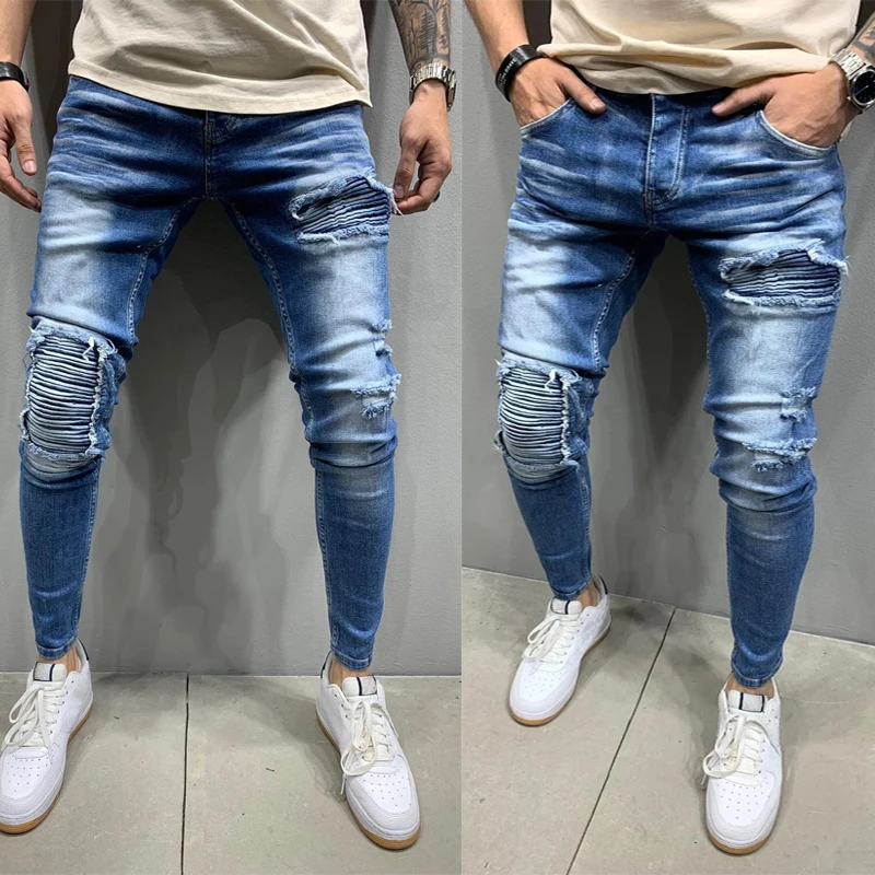 Pantalones vaqueros rasgados elásticos rasgados para hombre, pantalones pitillo ropa informal estilo Hip Hop, Jeans de alta calidad para motocicleta