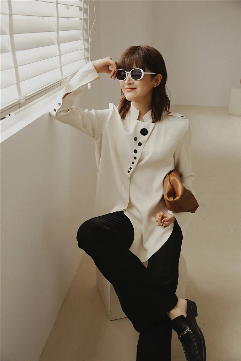 Дизайнерские топы CHEERART, атласная блузка с длинным рукавом, рубашка на пуговицах со стоячим воротником, женская модная блузка, осень