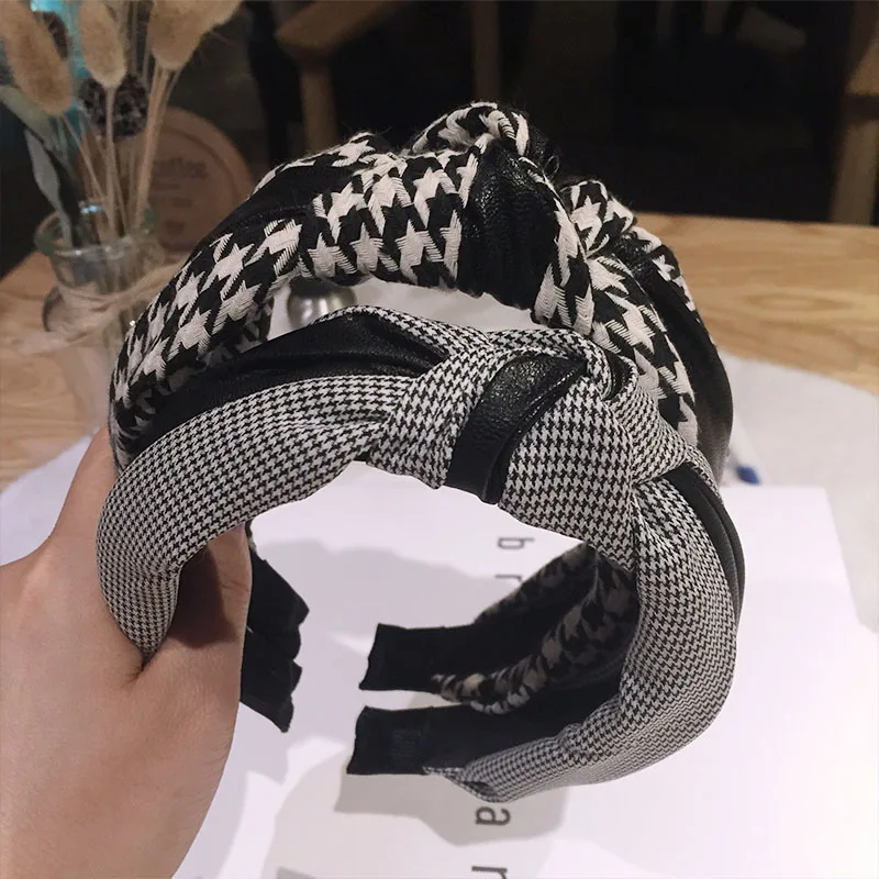

XugarLeather PU Stitching Hairband For Women Tiara Knotted Bow Wide-brimmed Bezel Headband Houndstooth Hair Accessories