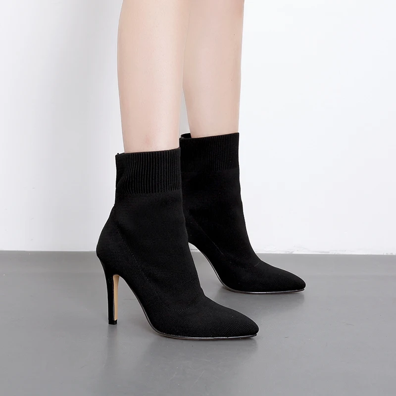 

Shoes Woman Elastic Knitting Ankle Boots High Heels Socks Boots Fashion Ladies Pointed Toe Short Booties Zapatos De Mujer Black