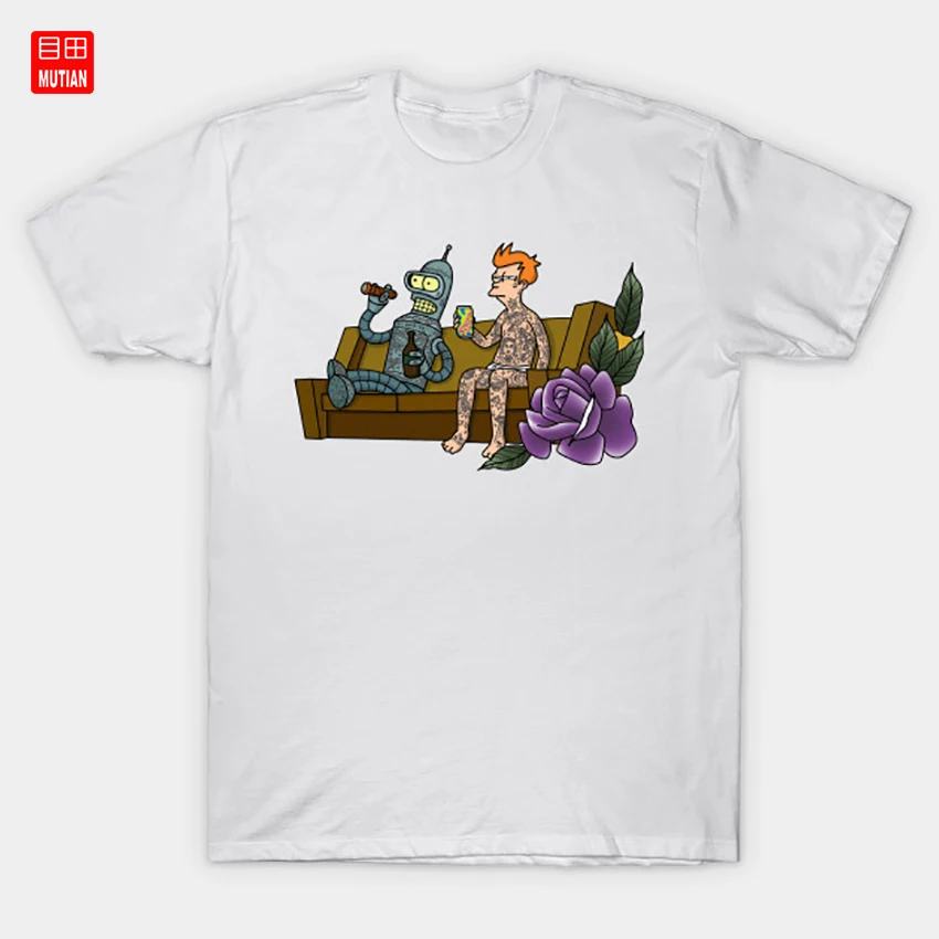 Bender and Fry T-Shirt Zoidberg Professor Farnsworth Storebuild Tattoo Flower Beer Ink Pinup | Мужская одежда