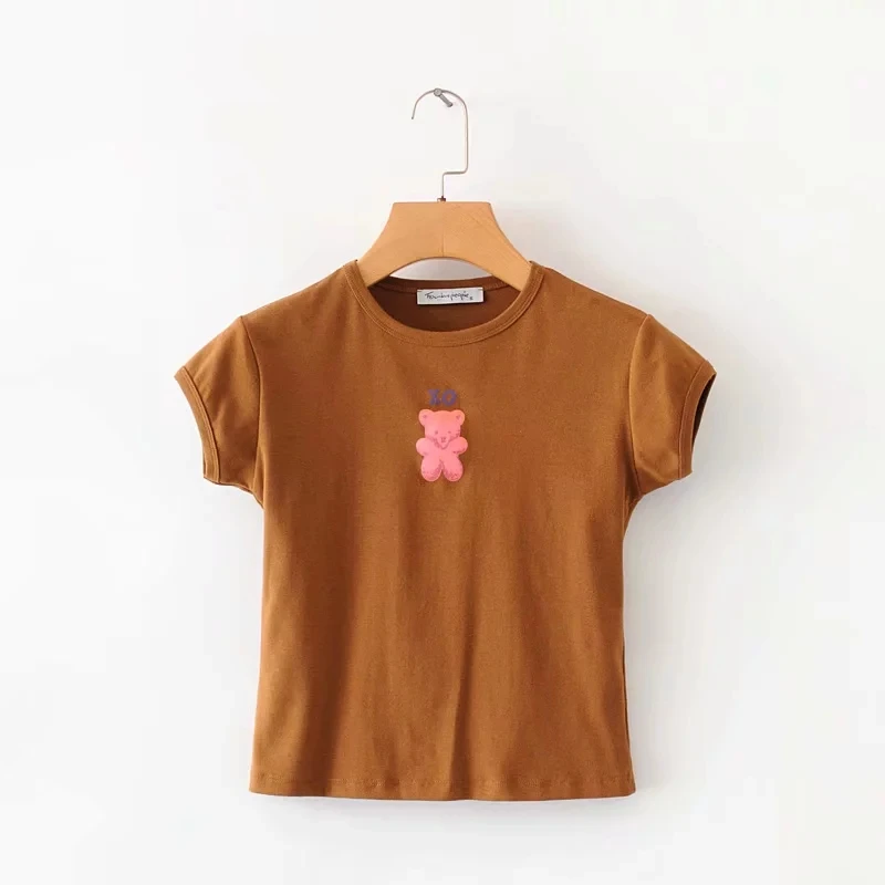 Women Tshirt Top shirt clothes vintage clothing Bear Print Crop Tee Slim Fit Summer short sleeve T-Shirt Tee cotton T Shirt