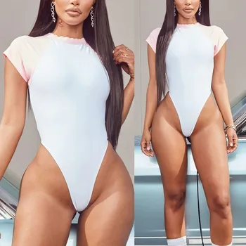 

Backless Bodysuit Women Sexy Ribbed Romper Short Sleeve Patchwork Top Body Female Clubwear Jumpsuit