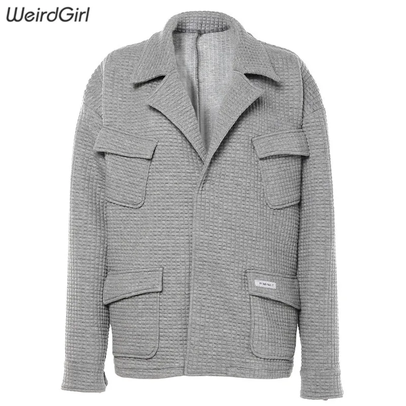 Weirdgirl/Женская Осенняя новая клетчатая куртка на пуговицах, толстая, негабаритная, теплая куртка с длинным рукавом, домашняя Уличная Повседневная женская верхняя одежда - Цвет: Серый
