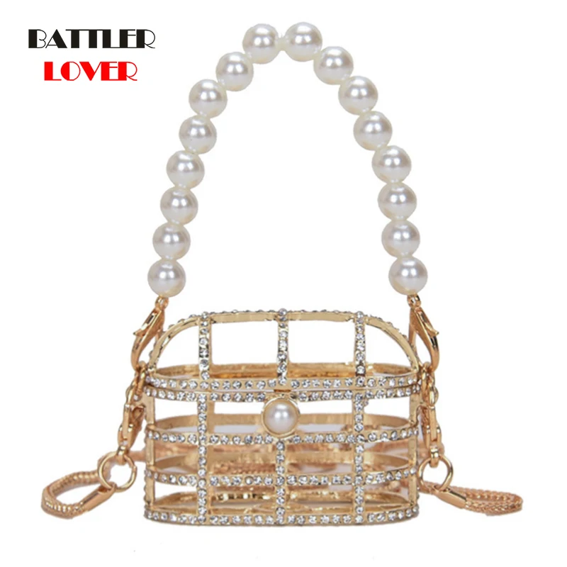 Super Mini Metal Crossbody Shoulder Bags For Women Fashion Diamond Chains Hollow Bag Luxury Beading Female Handbag And Coin Bags