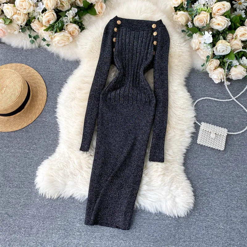 Женское вязаное платье свитер LUOSHA повседневное облегающее с круглым вырезом и