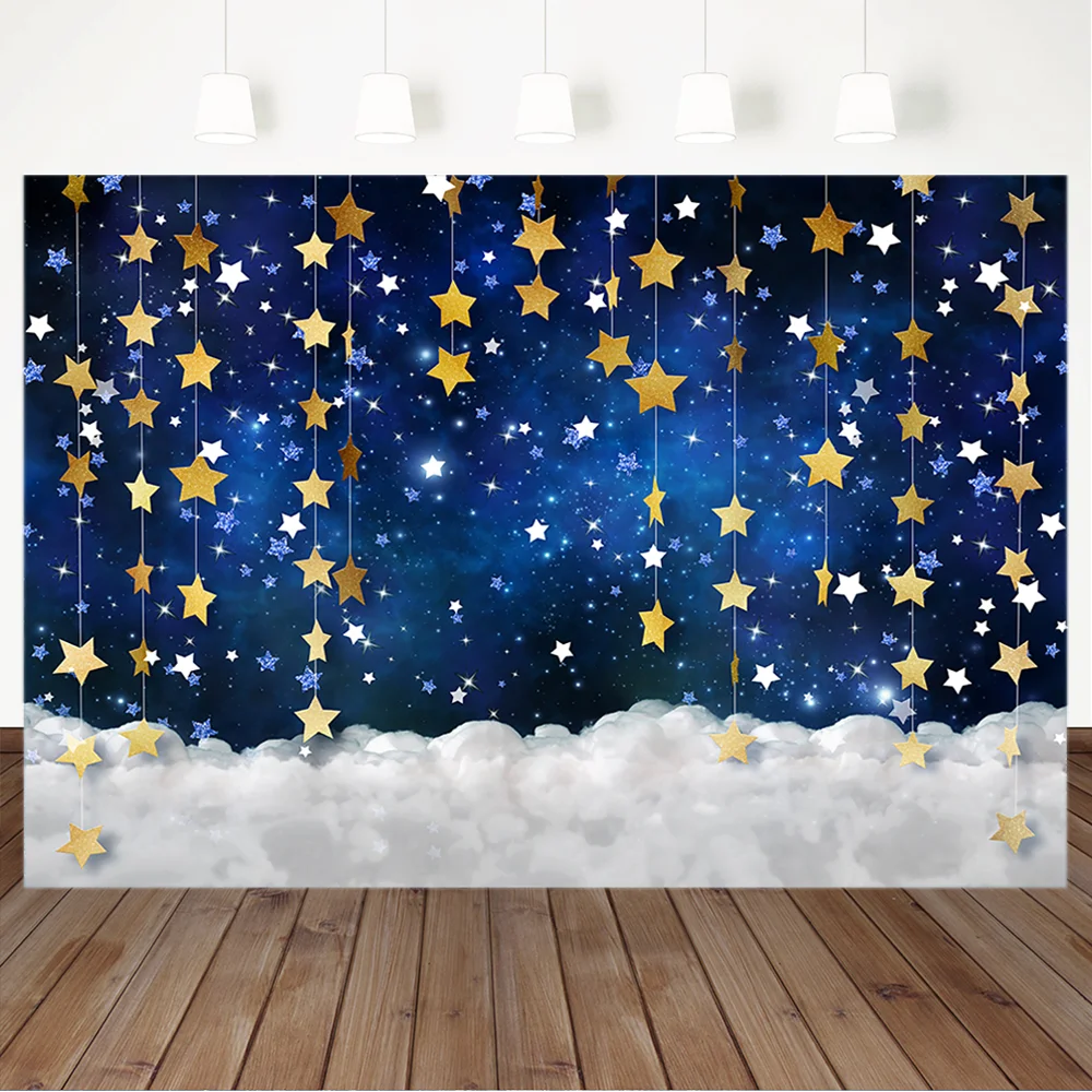 

Blue Flash Starry Sky Photography Background Golden Stars White Cloud Children Birthday Photographic Backdrops For Photo Studio