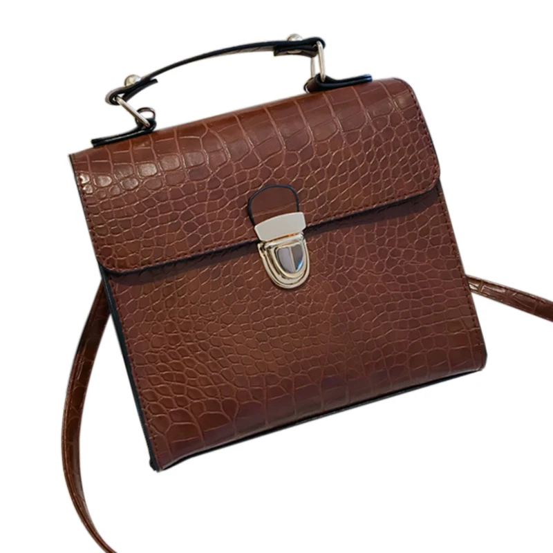 

Fashion Trend Stone Pattern Buckle Small Square Shoulder Bag Across Wild Ladies Kate Bag Crocodile Skin Brown